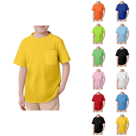 Boys T Shirts with Pocket Summer Solid Dorp Shouler Crew Neck Short Sleeve Oversized T Shirt School Uniform 2-13 Years