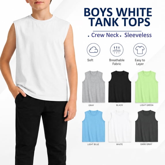 Boys Tank Top - Crew Neck Sleeveless T Shirts for Boy Casual Solid Color Cotton Lightweight Summer Tanks White 5-6 Years