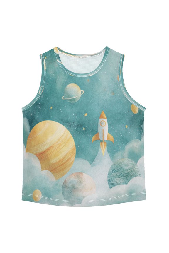 Boys' Tank Top Shirts - Quick-Dry Athletic Boys' Tank Top for Running & Gym - Breathable Muscle Tee with Racerback Design Cute Rocket Space Planets Print