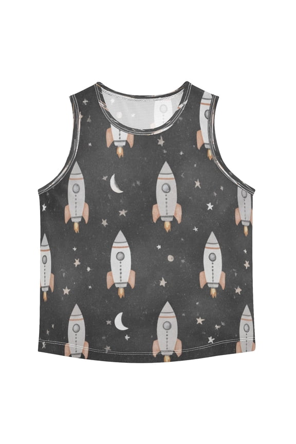 Boys' Tank Top Shirts - Quick-Dry Athletic Boys' Tank Top for Running & Gym - Breathable Muscle Tee with Racerback Design Black Space Rocket Pattern