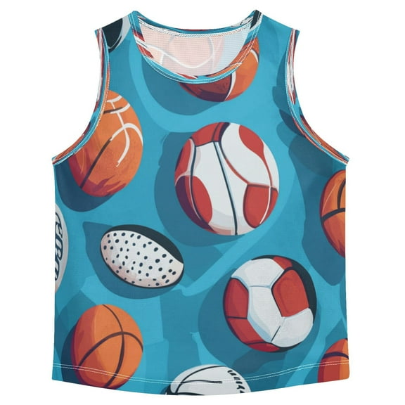 Boys' Tank Top Shirts - Quick-Dry Athletic Boys' Tank Top for Running & Gym - Breathable Muscle Tee with Racerback Design Blue Sports Ball Pattern