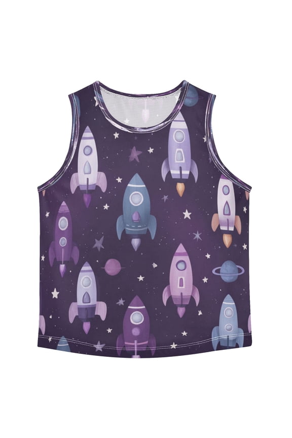 Boys' Tank Top Shirts - Quick-Dry Athletic Boys' Tank Top for Running & Gym - Breathable Muscle Tee with Racerback Design Cute Space Rocket Pattern
