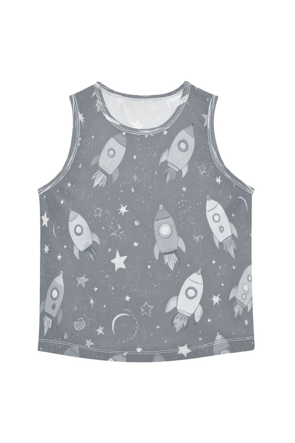 Boys' Tank Top Shirts - Quick-Dry Athletic Boys' Tank Top for Running & Gym - Breathable Muscle Tee with Racerback Design Grey Space Rocket Print