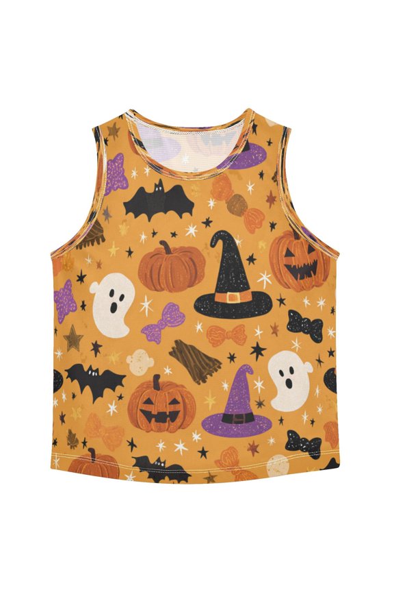 Boys' Tank Top Shirts - Quick-Dry Athletic Boys' Tank Top for Running & Gym - Breathable Muscle Tee with Racerback Design Halloween Object Patterns