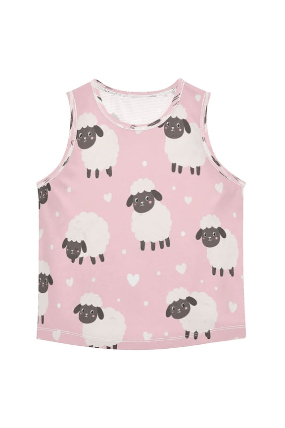 Boys' Tank Top Shirts - Quick-Dry Athletic Boys' Tank Top for Running & Gym - Breathable Muscle Tee with Racerback Design Pink Fluffy Sheep Pattern