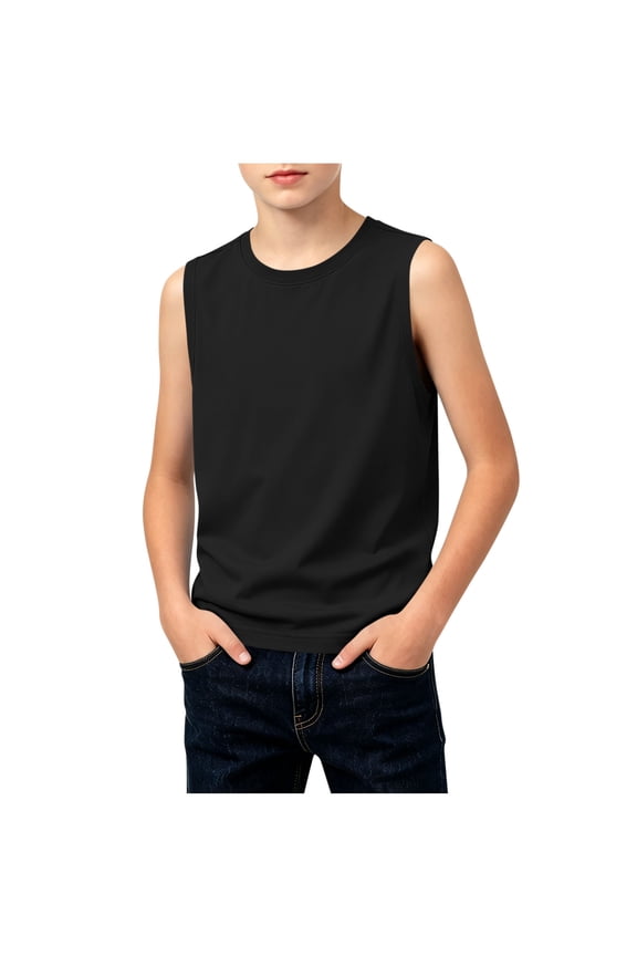 Boys Tank Tops Cotton Jersey Undershirts Crewneck Big Kids Athletic Sleeveless Shirt Basic Sport Workout Tops Size 100-160 Black