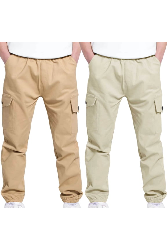 Boys Tapered Leg Pant 2pc Boys Cargo Jogger Pants, Elastic Waist Stretchy Pull on Twill Trousers with Pockets, Loose Casual School Uniform Sports Pants Girls Loose Leg Pants Beige 10Y