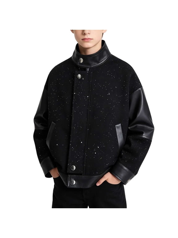 Boys Teen Faux Leather Glitter Zip Up Bomber Jacket 90S Vintage Biker Racing Moto Jackets Streetwear Coats 1-12 Years Black