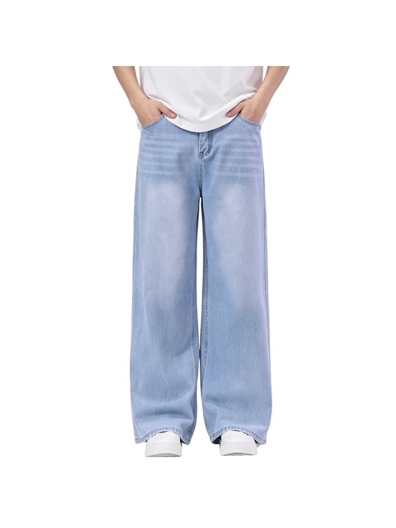 Boys Teenager Washed Denim Wide Leg Jeans, Classic Straight Leg Casual Pocket Baggy Hip Hop Denim Pants for Big Kids & Teens 13-16Y Blue