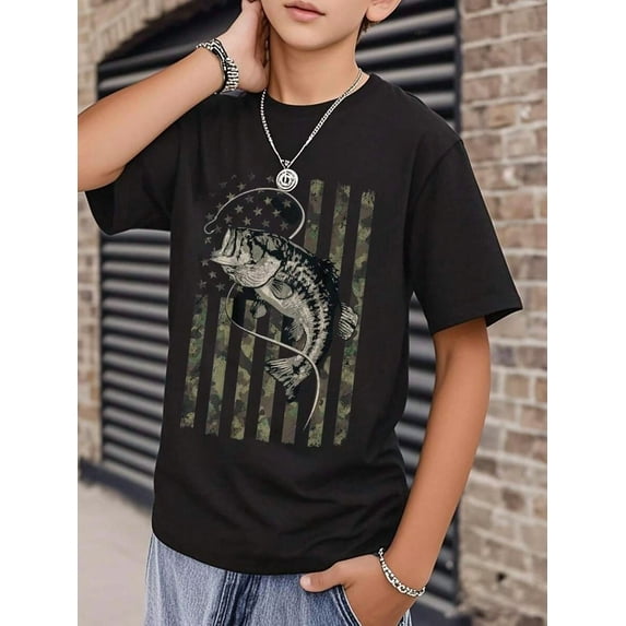 Boys & Teens' Casual Graphic Print Round Neck Short Sleeve T-Shirt, Summer Top