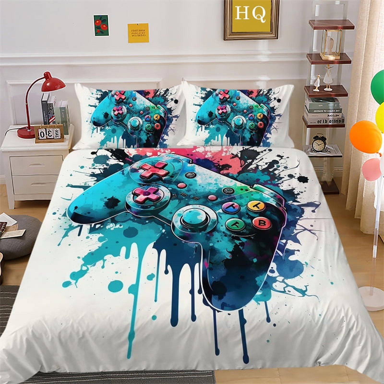 Boys Teens Gamer Duvet Cover Set Queen Size,Reversible Gamepad Print