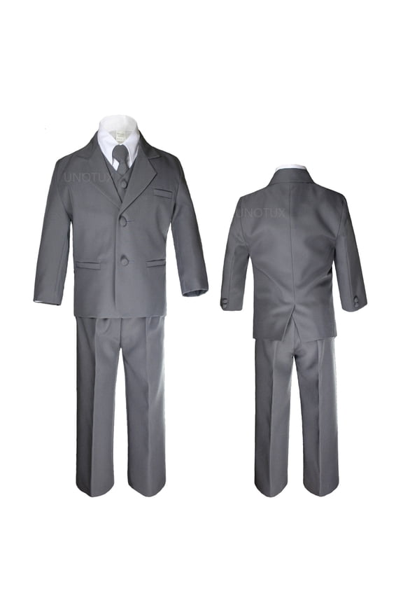 Boys Teens Party Formal Wedding Dark Gray Tuxedo 5pc Suits Set Size: 8 10 12-20