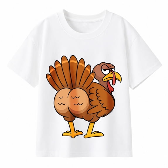 Boys' Thanksgiving Cartoon Turkey Graphic T-Shirt, 100% Cotton Short Sleeve Shirt