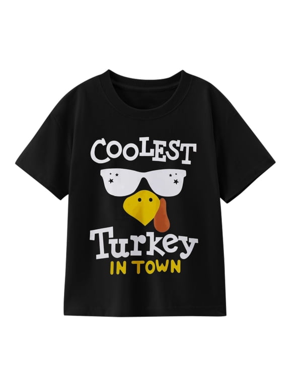 Boys' Thanksgiving Coolest Turkey In Town T-Shirt, 100% Cotton Short Sleeve Shirt