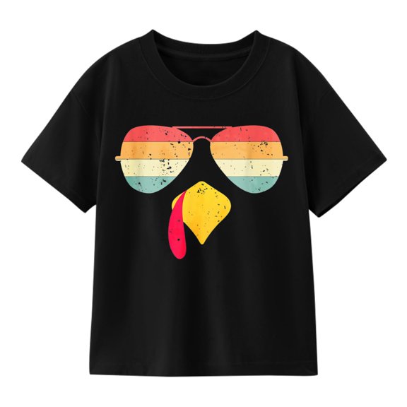 Boys' Thanksgiving Turkey Sunglasses Graphic T-Shirt, 100% Cotton Short Sleeve Shirt