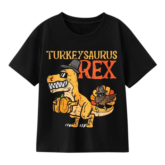 Boys' Thanksgiving Turkeysaurus Rex Dinosaur T-Shirt, 100% Cotton Short Sleeve Shirt