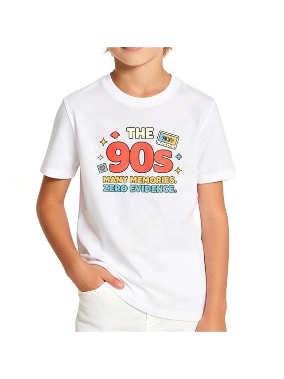 Boys The 90s Many Memories Zero Evidence Graphic T Shirt, Cotton Short Sleeve Kids Tees Children Soft Tops
