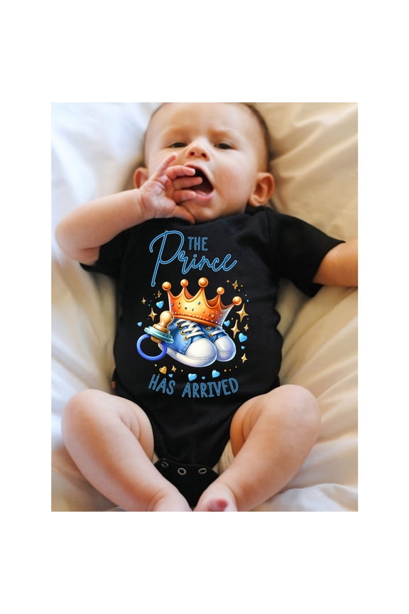 Boys' "The Prince Has Arrived" Crown & Sneakers Print Short-Sleeve Romper - Newborn Baby Jumpsuit, Soft Breathable Fabric, Easy Diaper Change, Newborn Boy Clothes, Casual Infant Wear