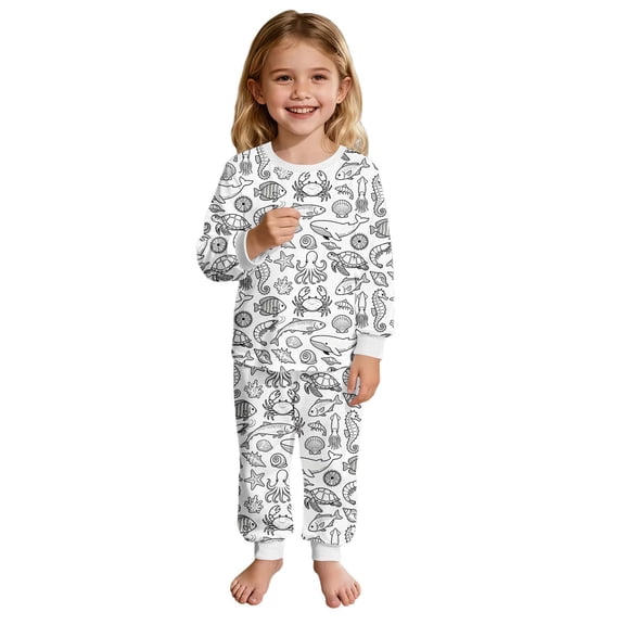 Boys' Themed Long Sleeve Pajama Set with Sea Animal Print, Festive Holiday Sleepwear for Boys, Cozy Two-Piece Outfit with Collar