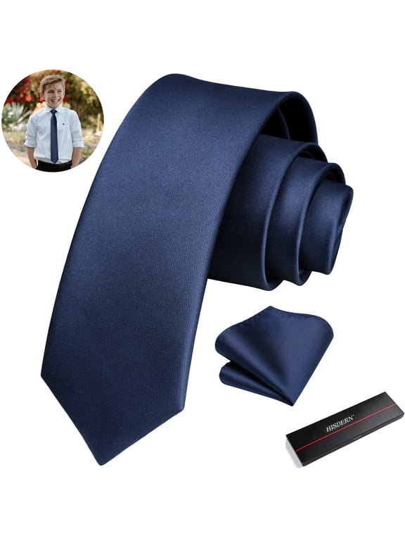 Boys Tie Blue Kids Necktie with Pocket Square Set Formal School Solid Color 49" Ties for Boy