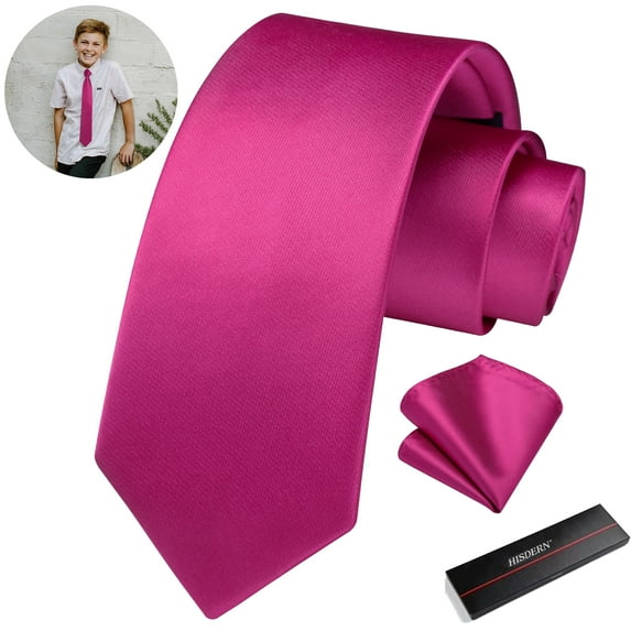 Boys Tie Hot Pink Kids Necktie with Pocket Square Set Formal School Solid Color 49" Ties for Boy