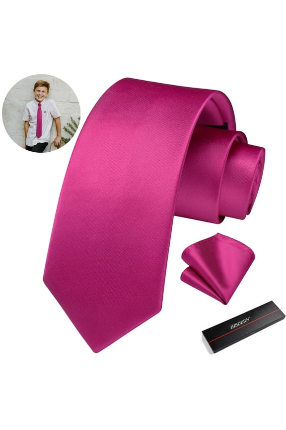 Boys Tie Hot Pink Kids Necktie with Pocket Square Set Formal School Solid Color 49" Ties for Boy