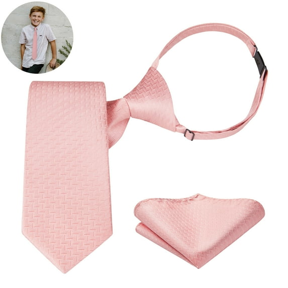 Boys Tie Pocket Square Set Pre-tied Adjustable Kids Necktie for Age 8-12 Pink Wedding Graduation