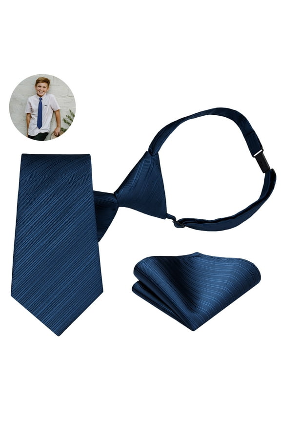 Boys Ties Pre-tied Neckties and Pocket Square Set Adjustable Tie for Kids Wedding Party,Navy Blue