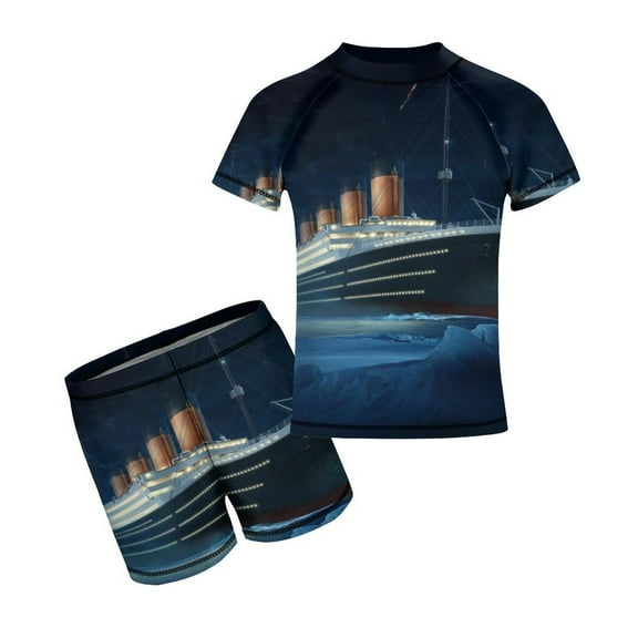 Boys Titanic Rash Guard Set 2 Piece Swimsuits Short Sleeve Bathing Suits with Trunks