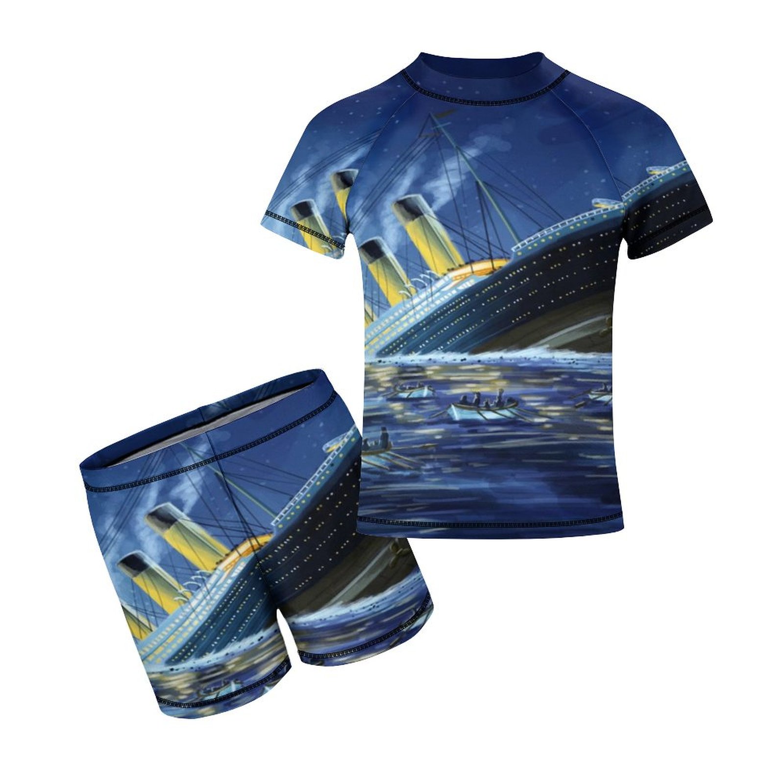 Boys Titanic Rash Guard Set 2 Piece Swimsuits Short Sleeve Bathing Suits with Trunks