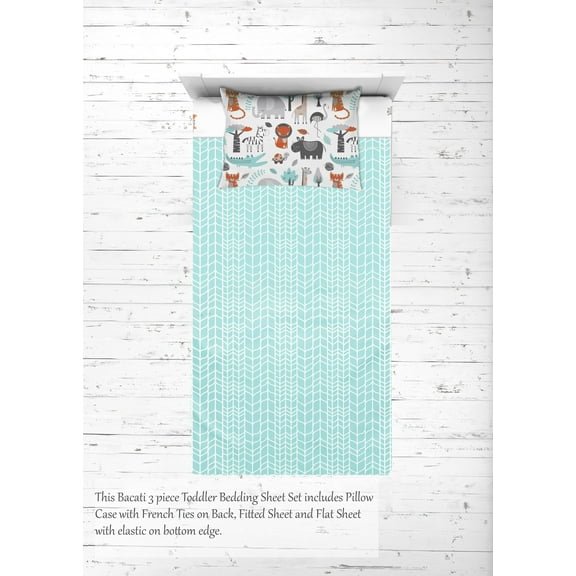 Boys Toddler Bedding/Sheet Set 100% Cotton Percale, Safari Jungle Animals Aqua/Orange/Grey