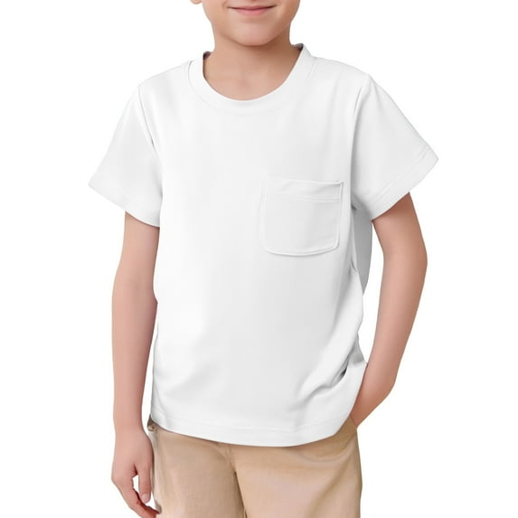 Boys Toddler Children T Shirt With Pocket Short Sleeve Soft Button Closure Comfortable Solid Color Tops School Wear Crewneck Daily Wear size 6-7T