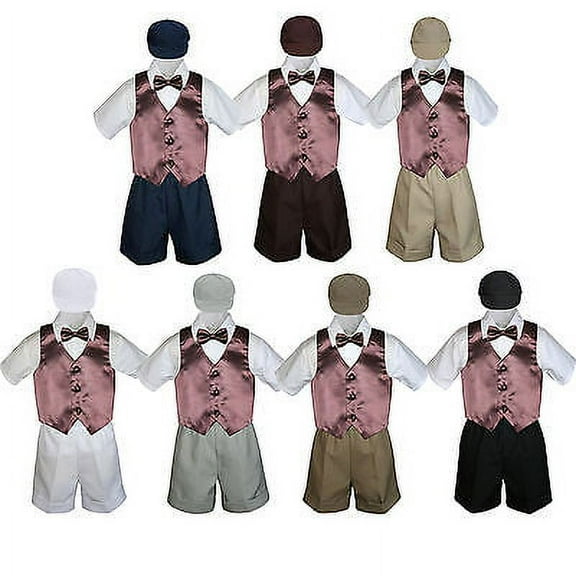 Boys Toddler Formal Brown Vest Bow Tie White Khaki Navy Gray Hat 5pc Set sz S-4T