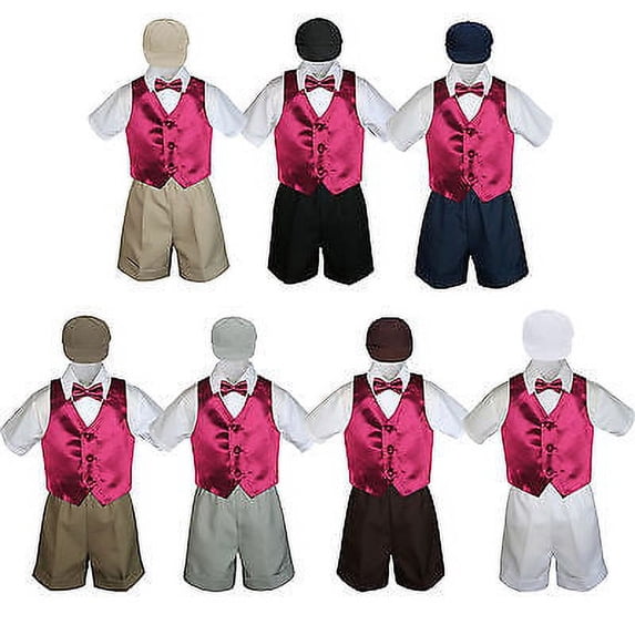 Boys Toddler Formal Burgundy Vest Bow Tie White Khaki Navy Gray Hat 5pc Set S-4T