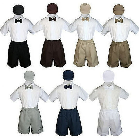 Boys Toddler Formal Vest Shorts Suits Black Navy Brown Bow Tie Hat 4pc Set S-4T