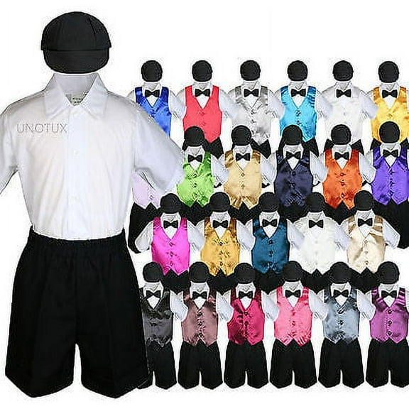 Boys Toddler Formal Vest Shorts Suits Satin Vest Black Bow Tie Hat 5pc Set S-4T