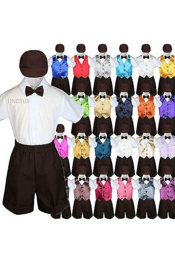 Boys Toddler Formal Vest Shorts Suits Satin Vest Brown Bow Tie Hat 5pc Set S-4T