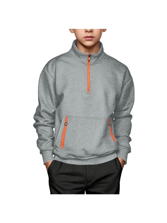 Boys and Toddlers' Midweight Polar Fleece Quarter-Zip Pullover Jacket, Long Sleeve Warmth Mock Neck Youth Sweatshirt Winter Clothes for Kids Years 5-15 Gray