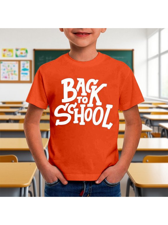 Boys Tops Kindergarten Hello School I Come First Day at School T Shirt for Kids Open-Back Prep Print Daily Casual Schoolwear Comfort Fit, Orange, 10-11 Years