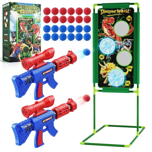 Mesemi & Dimoarch Kids Shooting Game Toys for Boys Ages 4 5 6 7 8 9 10+ Year Old, Dinosaur Shooting Target Toys with 2 Air Pump Launcher & 24 Foam Balls, Boys Christmas Birthday Gifts