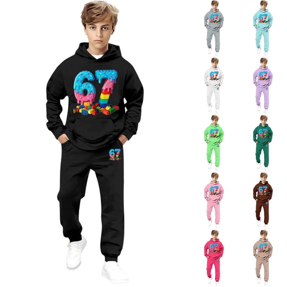 Boys Tracksuit Rap 67 Print Hooded Sweatshirt Jogger Pants Casual Comfortable Pullover Playful 2 Piece Outfits 10-11 Y