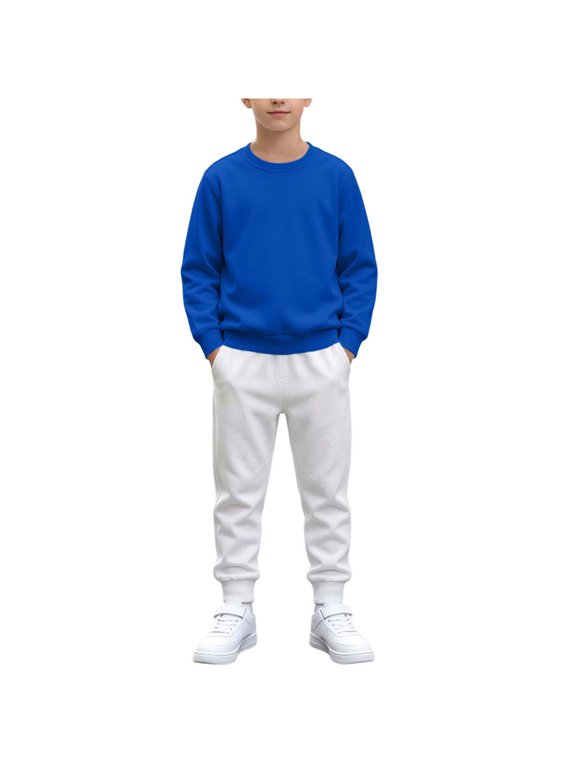 Boys Tracksuits Spring Fall Basic Kids Matching Sweatsuit, Plain Crew Neck Pullover Top Side Pocket Jogger Sweatpants Two Piece Set for Big Boys Girls Daily Playwear Blue-A