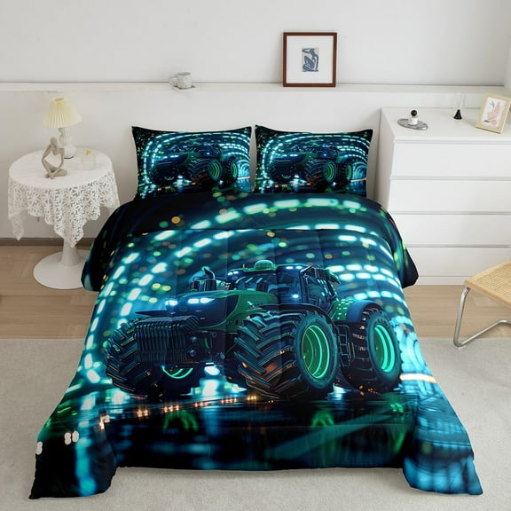 Tractor Bed Teal Green Neon Lights King Size Bedding Set 3D Cool Car Comforter Glitter Geometric Electric Theme Comforter Set,Soft Microfiber Quilt for Teen Youth Modern Bedroom Decor