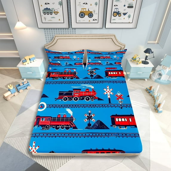 Boys Train Twin Bed Sheets Set Cartoon Car Toddler Bedding Set,Traffic Transportation Track Sheet Set For Kids Teens Red Blue Steam Engine Railway Decor Sheets