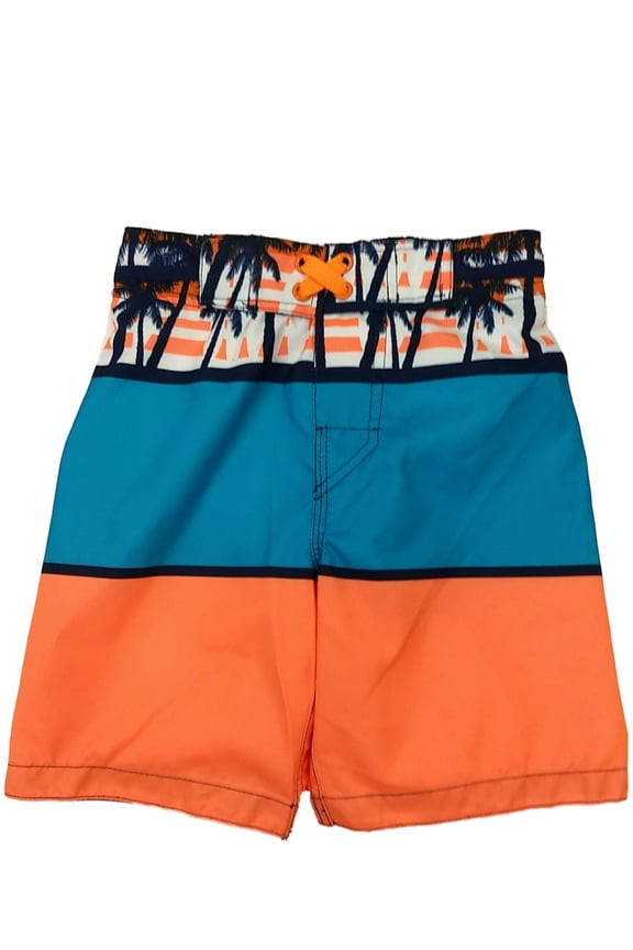 Boys Tropical Blue & Orange Color-Block Palm Tree Swim Trunk Board Shorts XS
