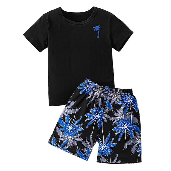 Boys Tropical Clothes 2 Piece Summer Vacation Outfits Trendy Graphic Tees Shorts Beach Holiday Clothing Sets Black, 11 Years