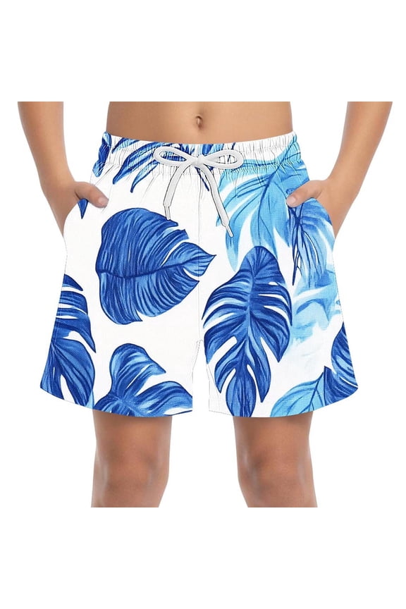 Boys Tropical Leaf Print Quick Dry Stretch Casual Shorts with Pockets Elastic Waistband Blue White Multi Sizes 4-15,Size 12-13T