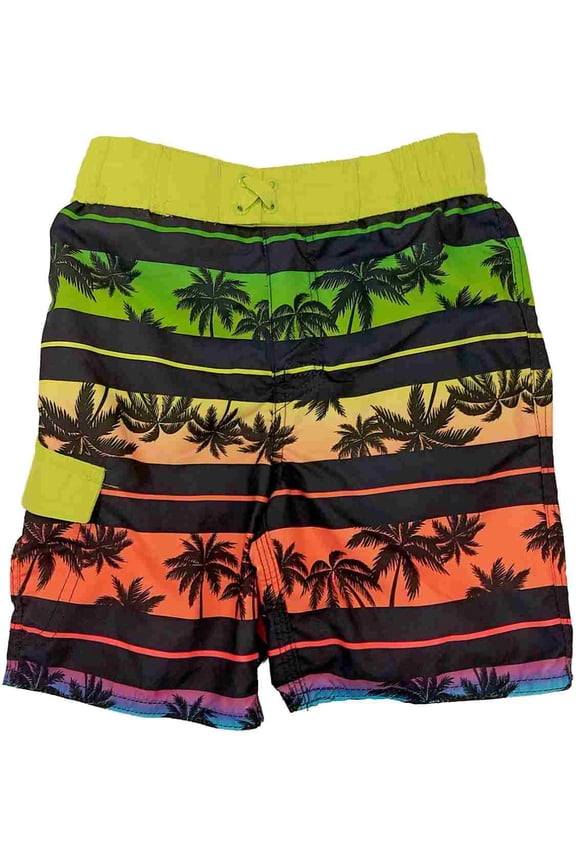 Boys Tropical Orange & Green Stripe Palm Tree Print Swim Trunk Board Shorts XXS
