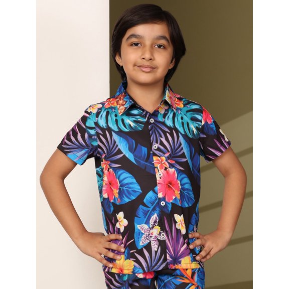 Boys Casual Shirts and Short Sets Casual Printed Kids Co-ords Set (KSS1_Black Blue_10_11Y)