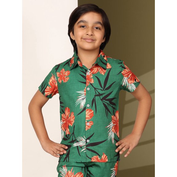 Boys Casual Shirts and Short Sets Casual Printed Kids Co-ords Set (KSS1_Green Brown_10_11Y)